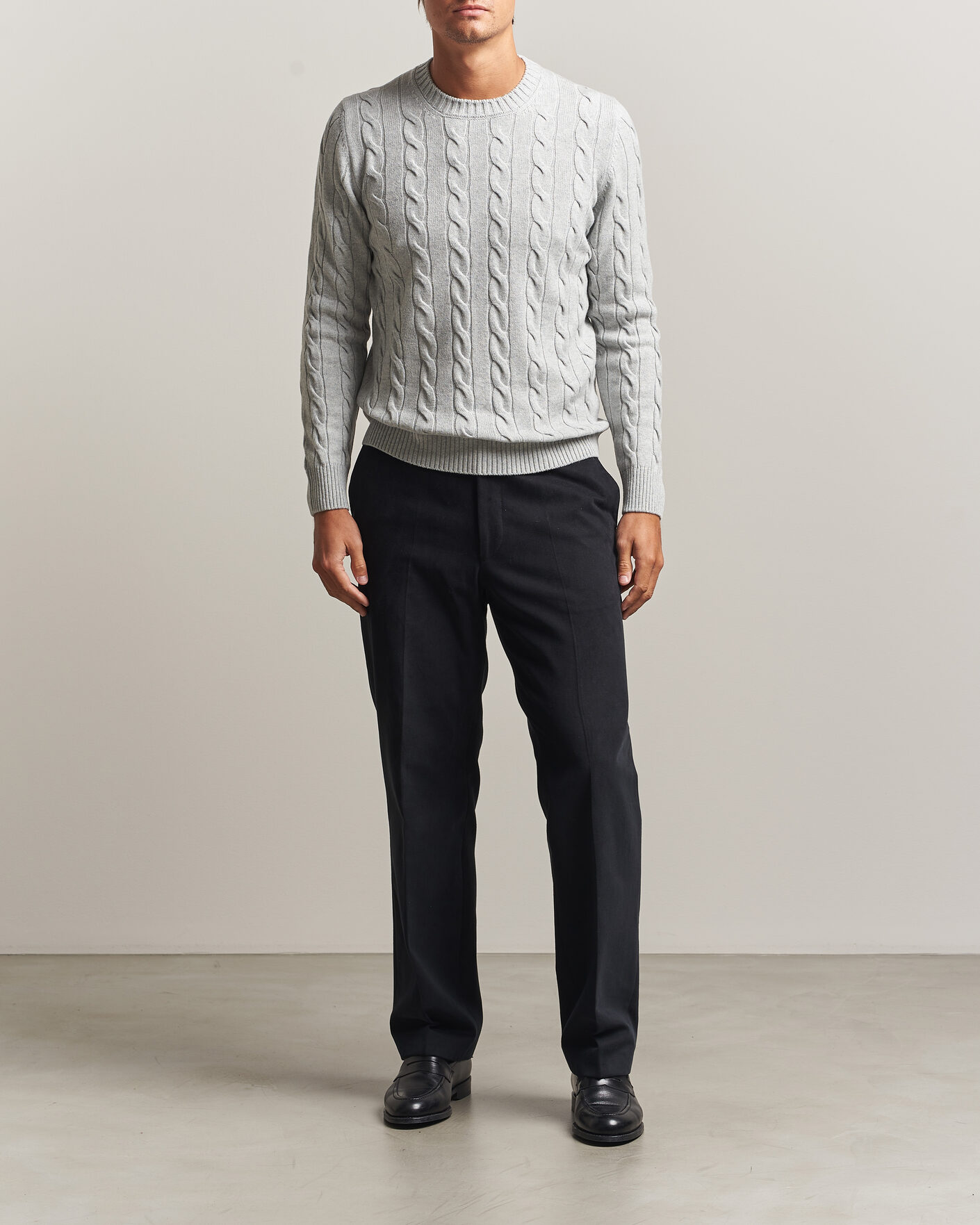 Heren | Truien | Gran Sasso | Wool/Cashmere Cable Crew Neck Light Grey Melange