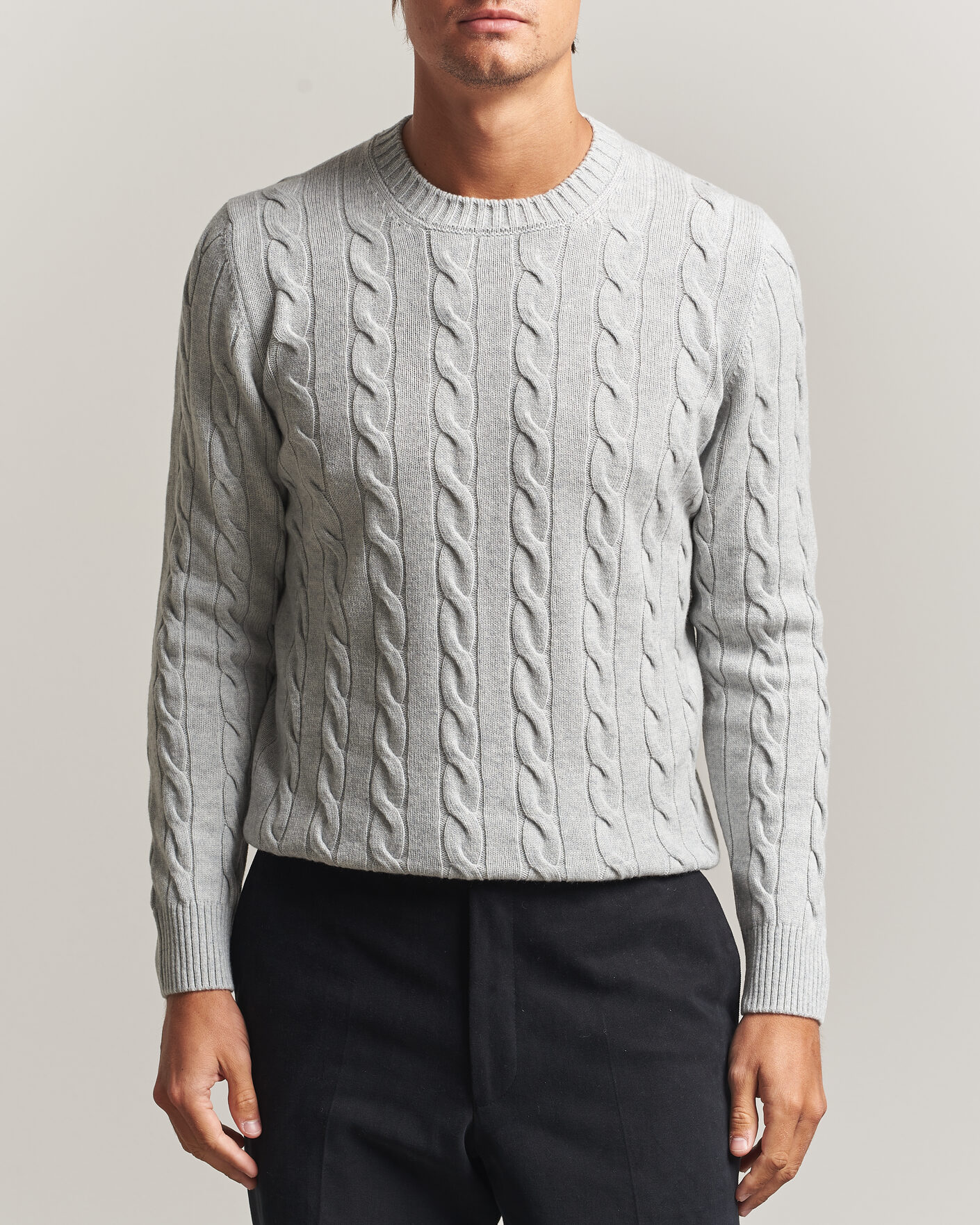 Heren | Truien | Gran Sasso | Wool/Cashmere Cable Crew Neck Light Grey Melange