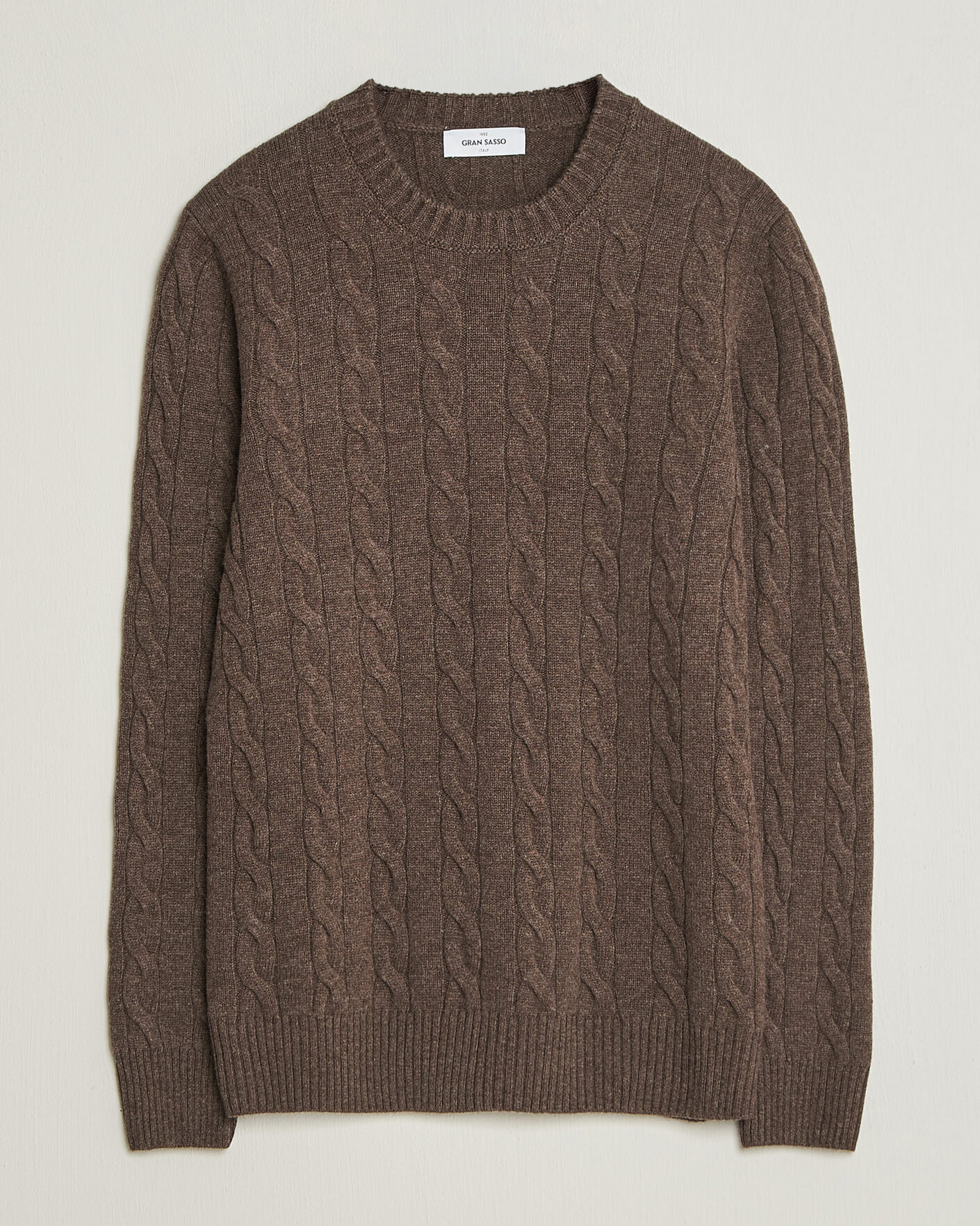 Heren | Truien | Gran Sasso | Wool/Cashmere Cable Crew Neck Dark Brown Melange