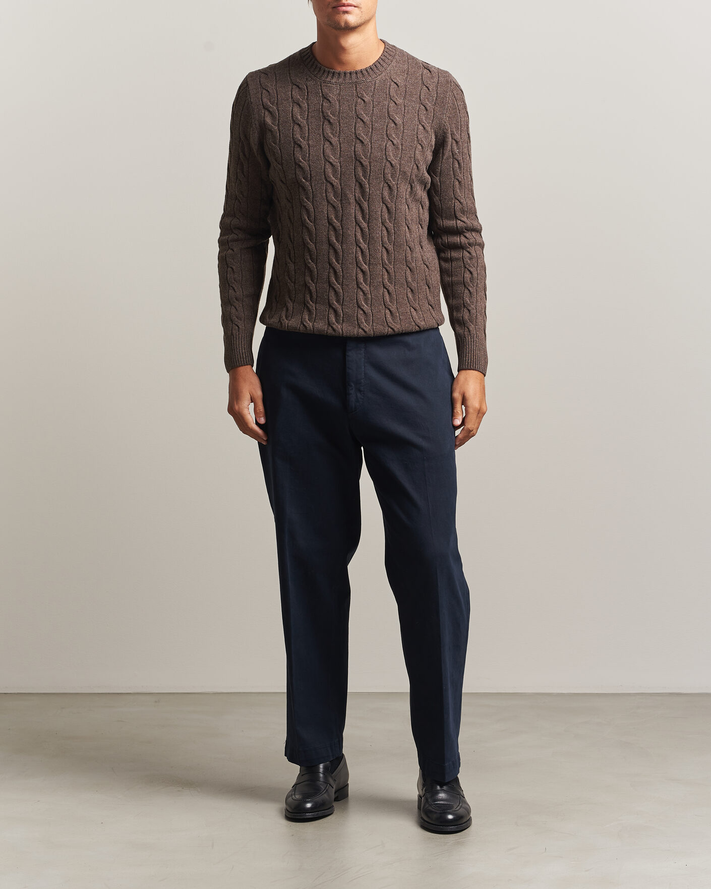 Heren | Truien | Gran Sasso | Wool/Cashmere Cable Crew Neck Dark Brown Melange