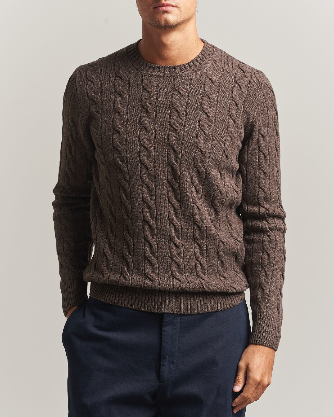 Heren | Truien | Gran Sasso | Wool/Cashmere Cable Crew Neck Dark Brown Melange