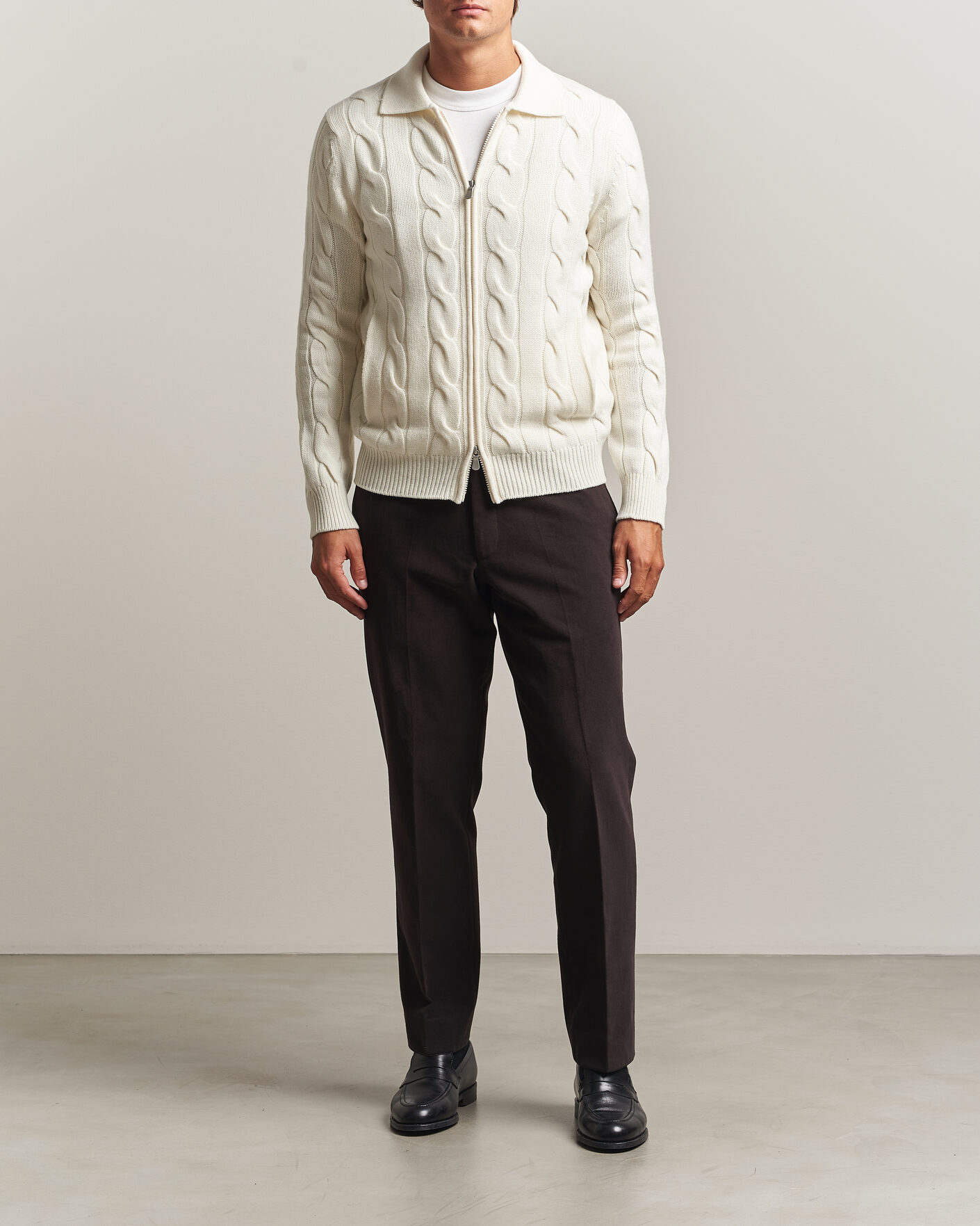 Heren | Truien | Gran Sasso | Wool/Cashmere Cable Full Zip Cream