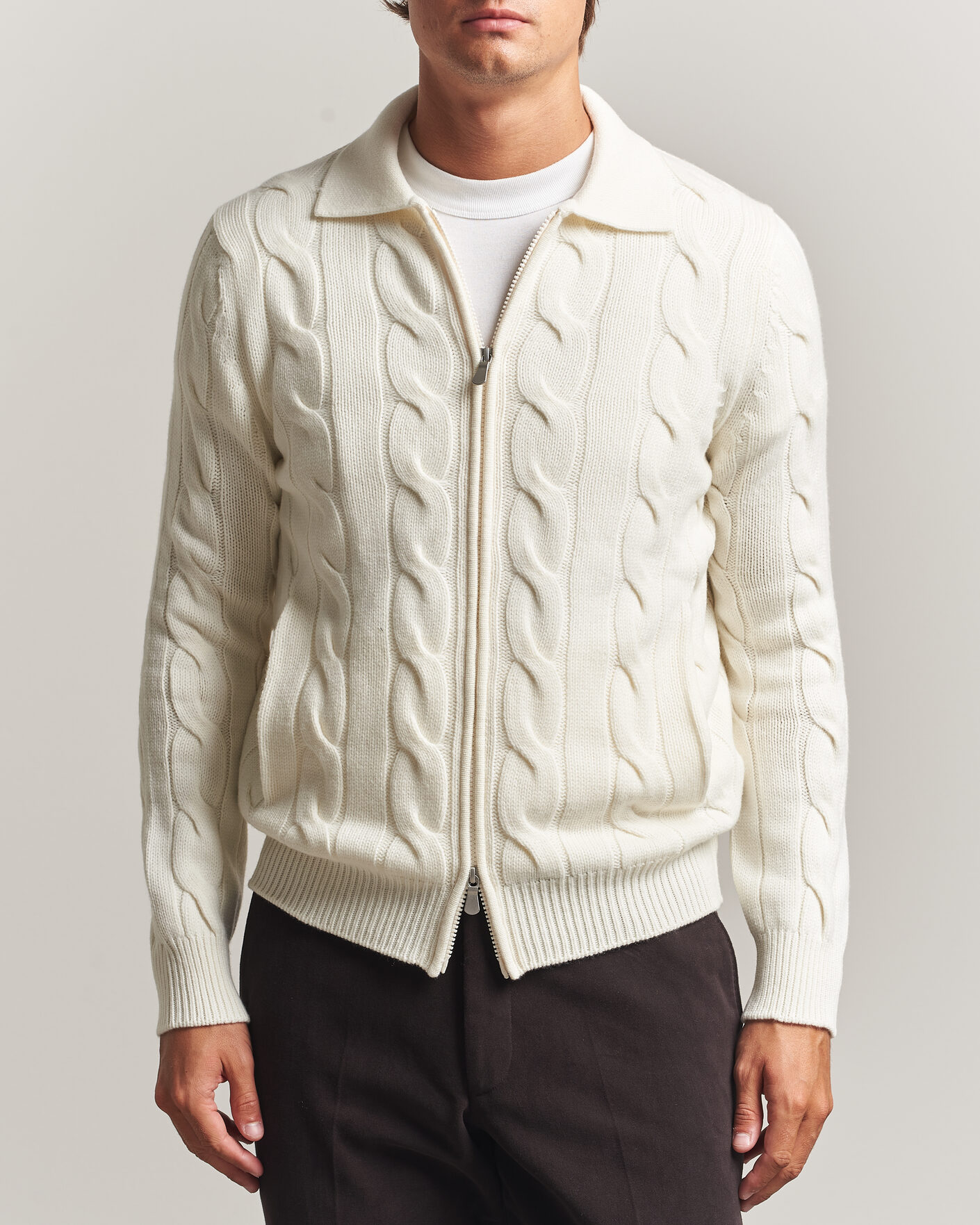 Heren | Truien | Gran Sasso | Wool/Cashmere Cable Full Zip Cream