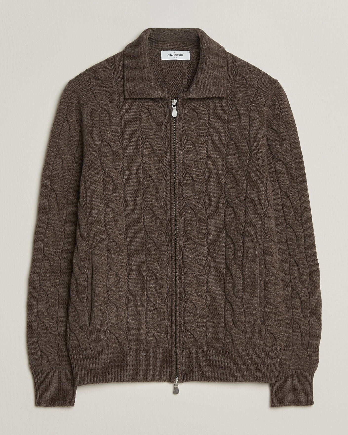 Heren | Truien | Gran Sasso | Wool/Cashmere Cable Full Zip Dark Brown Melange