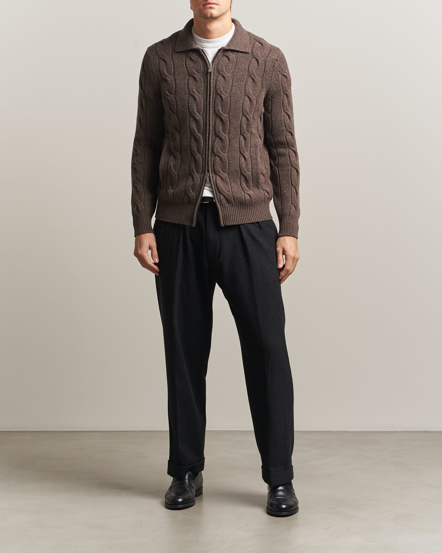 Heren | Truien | Gran Sasso | Wool/Cashmere Cable Full Zip Dark Brown Melange