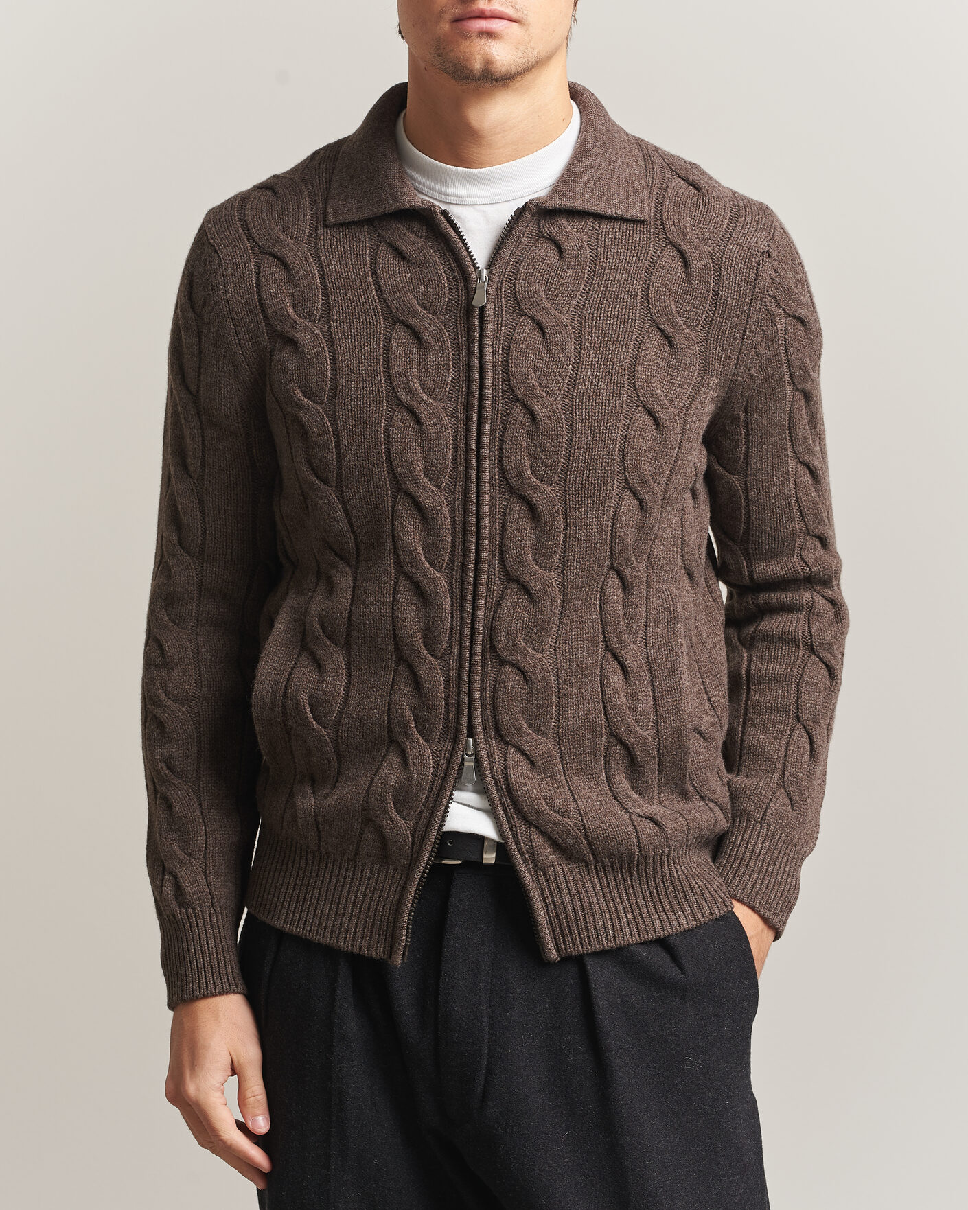 Heren | Truien | Gran Sasso | Wool/Cashmere Cable Full Zip Dark Brown Melange