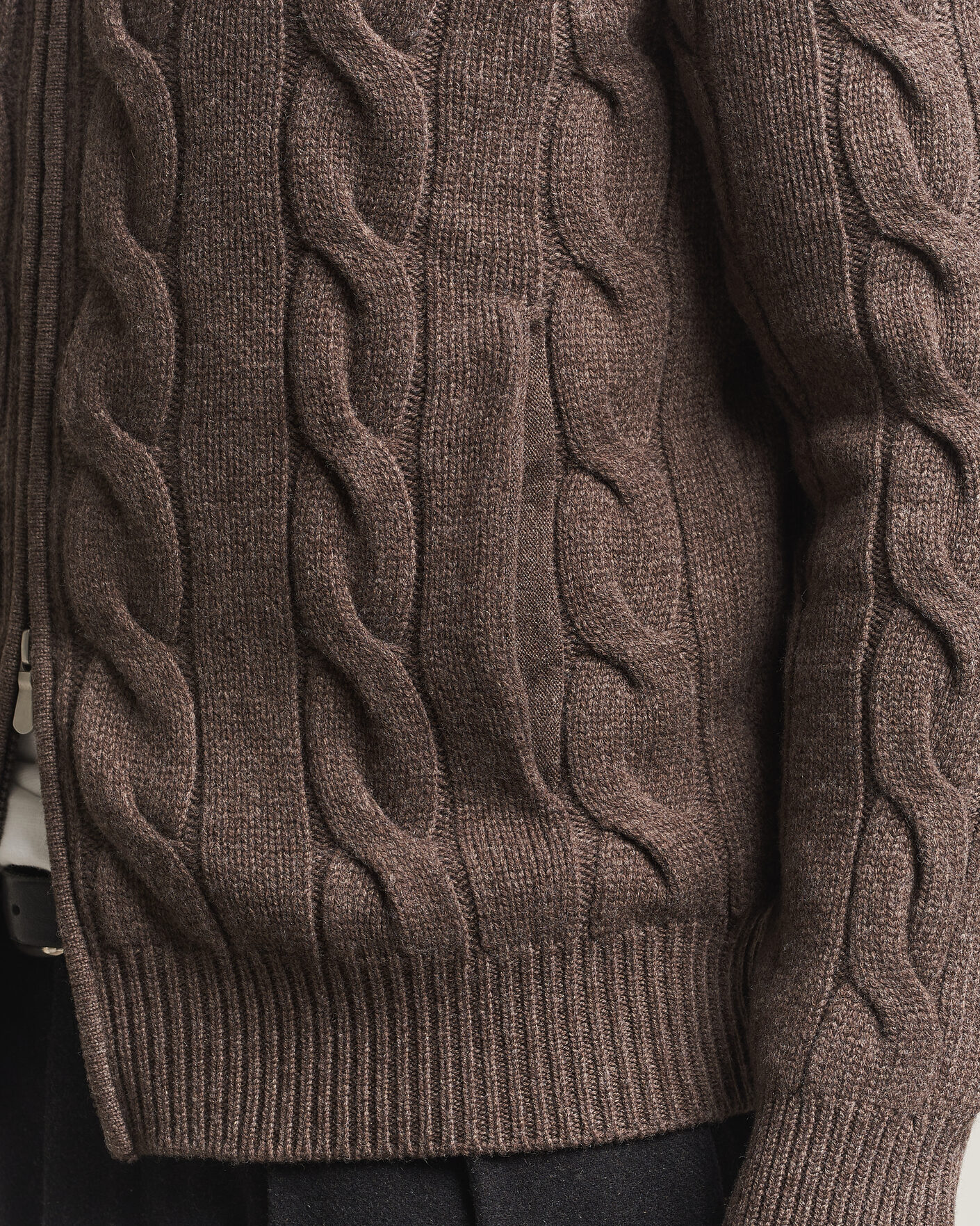 Heren | Truien | Gran Sasso | Wool/Cashmere Cable Full Zip Dark Brown Melange