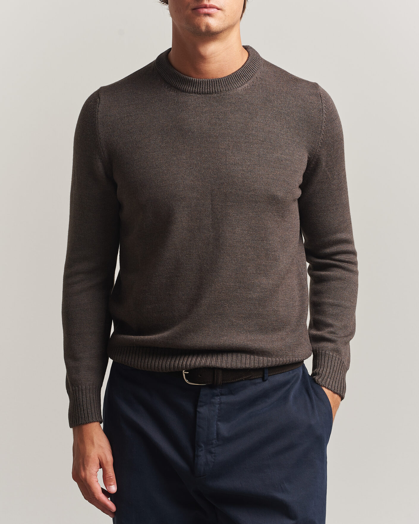 Heren | Truien | Gran Sasso | Merino Knitted Crew Neck Brown Melange