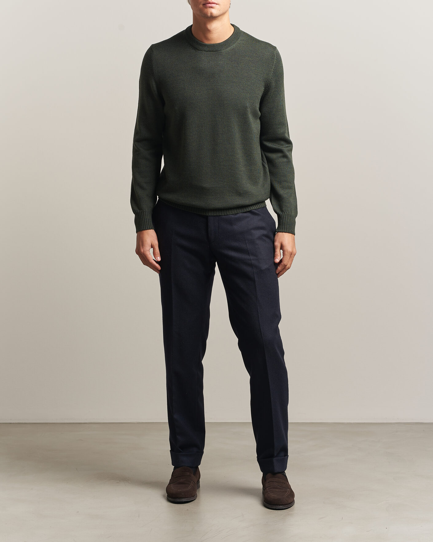 Heren | Truien | Gran Sasso | Merino Knitted Crew Neck Olive Melange