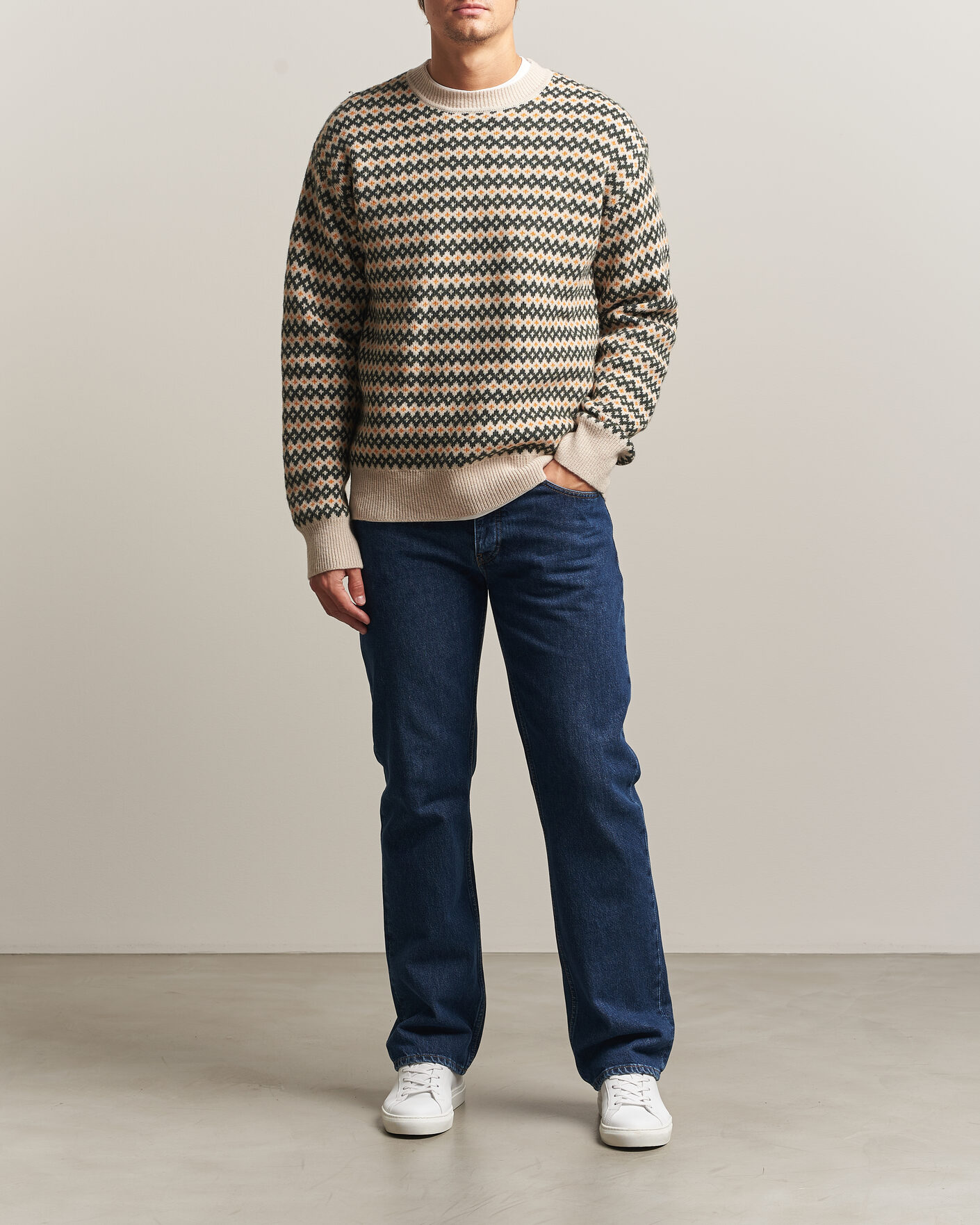 Heren | Truien | KnowledgeCotton Apparel | Lambswool Jaquard Sweater Green