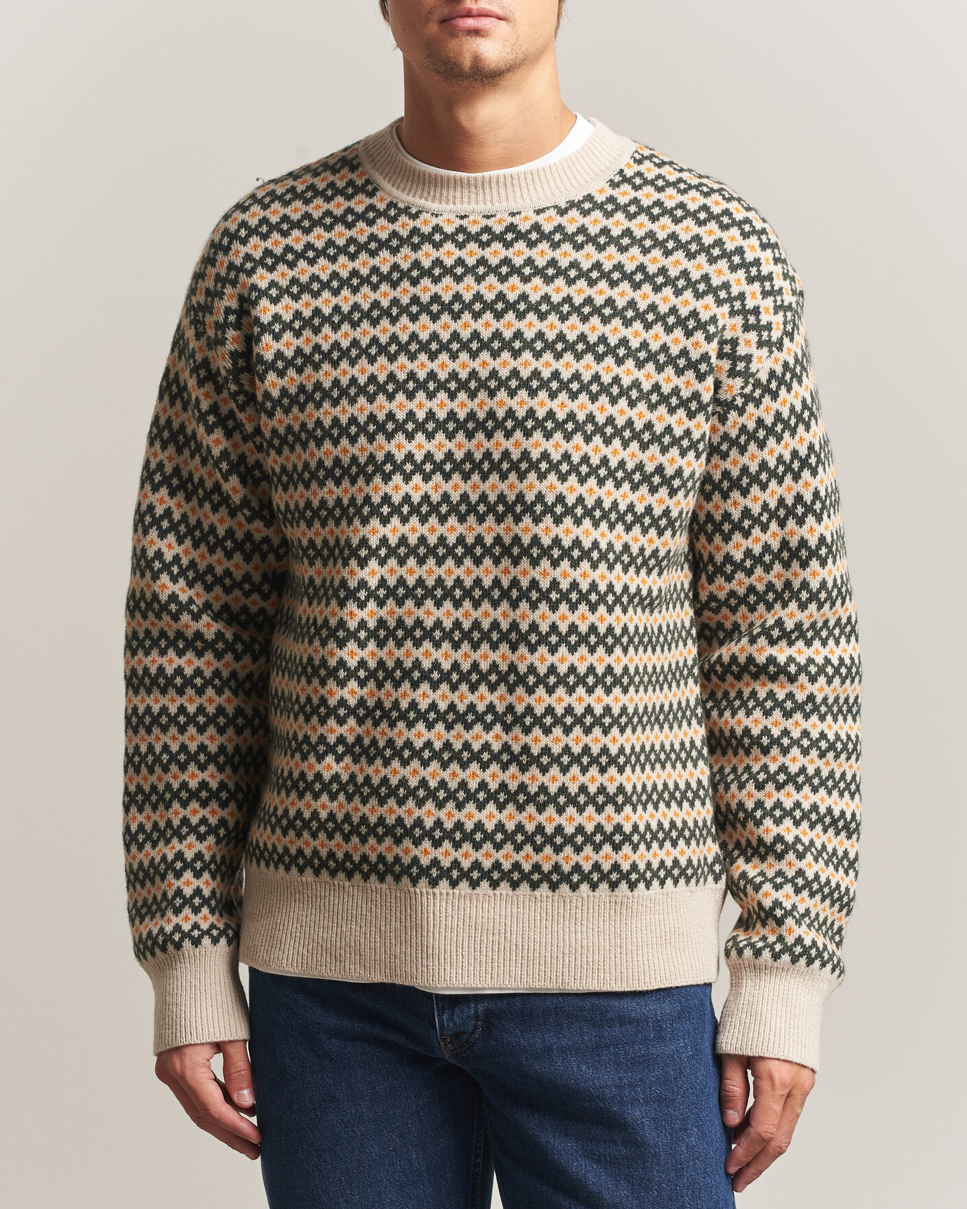 Heren | Truien | KnowledgeCotton Apparel | Lambswool Jaquard Sweater Green
