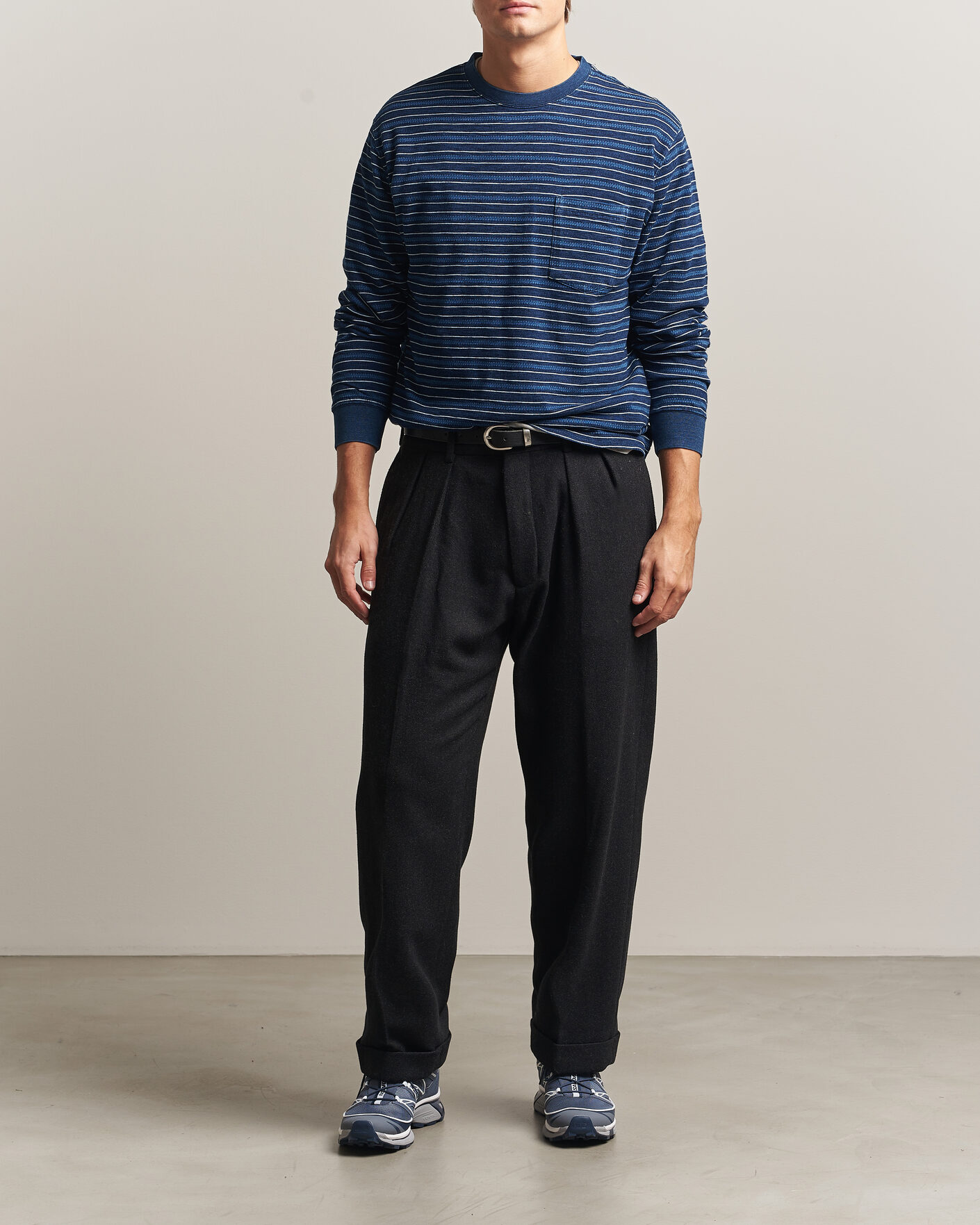 Heren | T-shirts | BEAMS PLUS | Indigo Stripe LS T-Shirt Navy