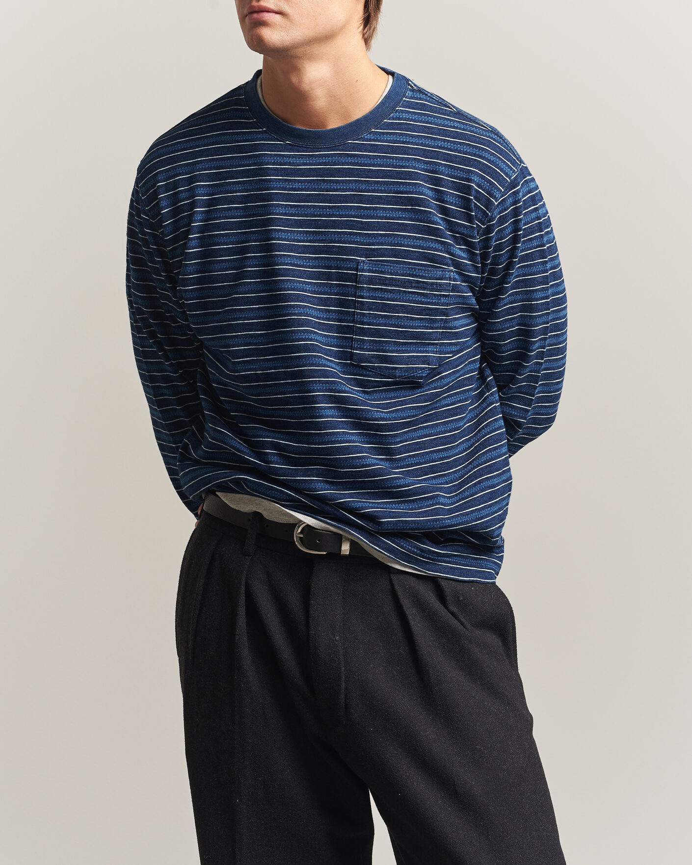 Heren | T-shirts | BEAMS PLUS | Indigo Stripe LS T-Shirt Navy