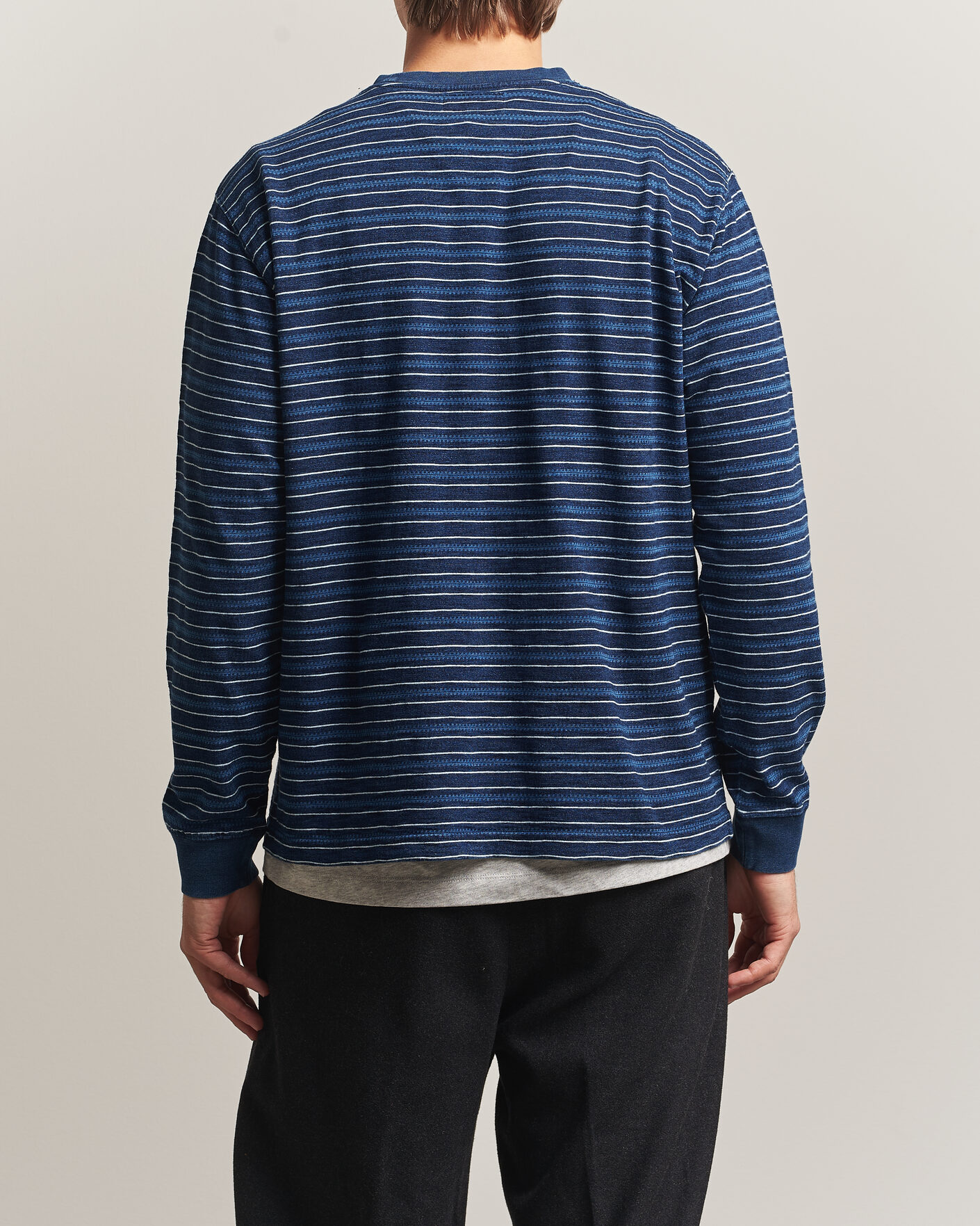 Heren | T-shirts | BEAMS PLUS | Indigo Stripe LS T-Shirt Navy