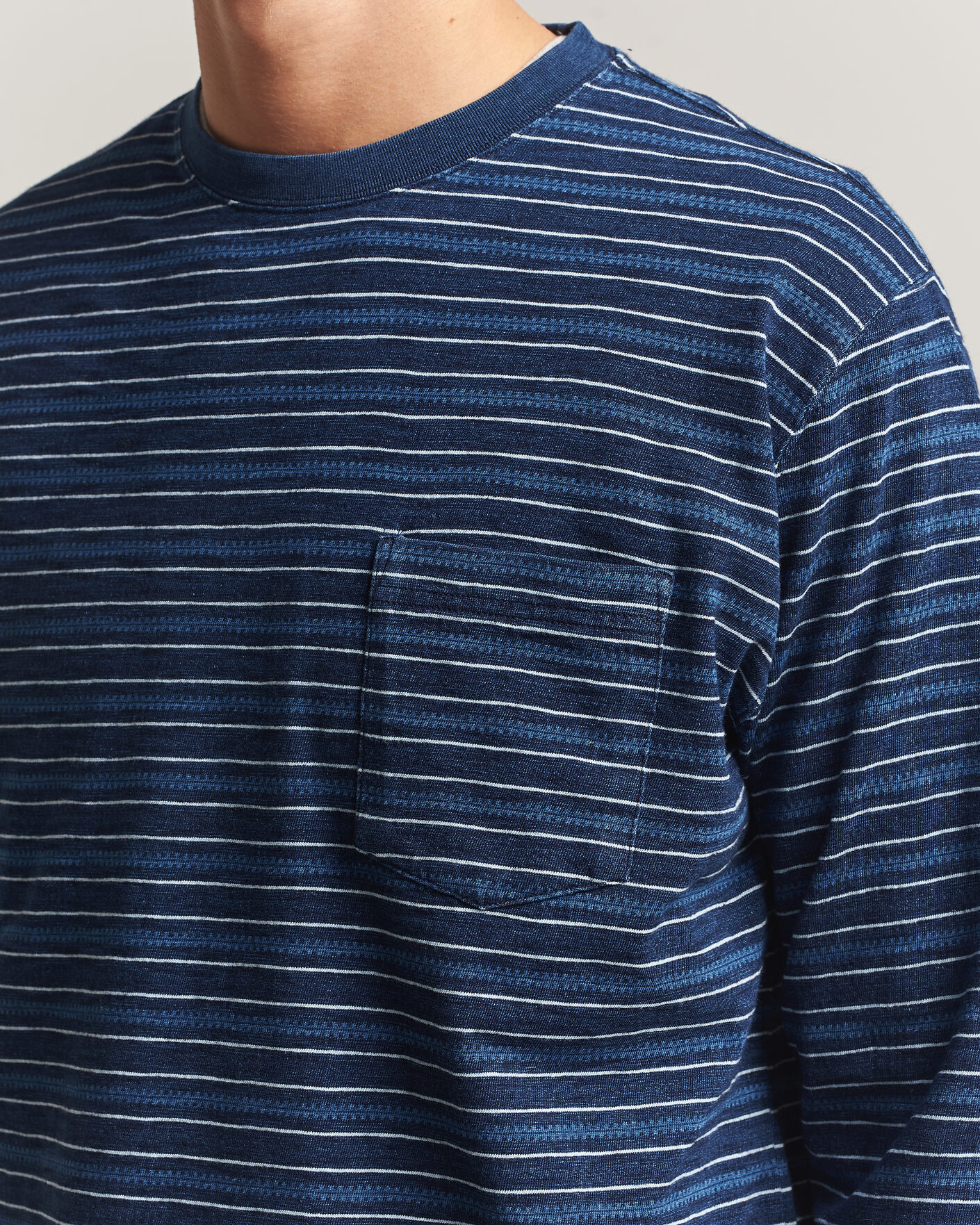 Heren | T-shirts | BEAMS PLUS | Indigo Stripe LS T-Shirt Navy
