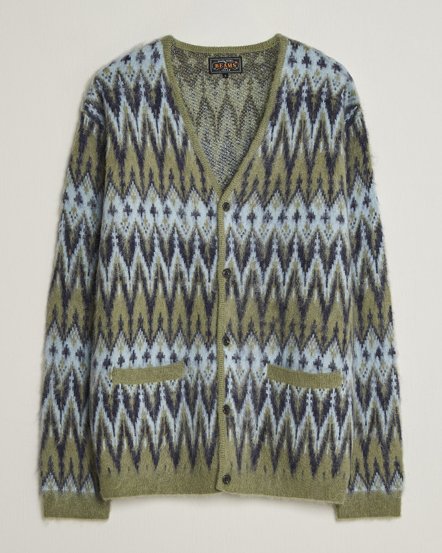 Heren | Truien | BEAMS PLUS | Chevron Jacquard Cardigan Green/Grey