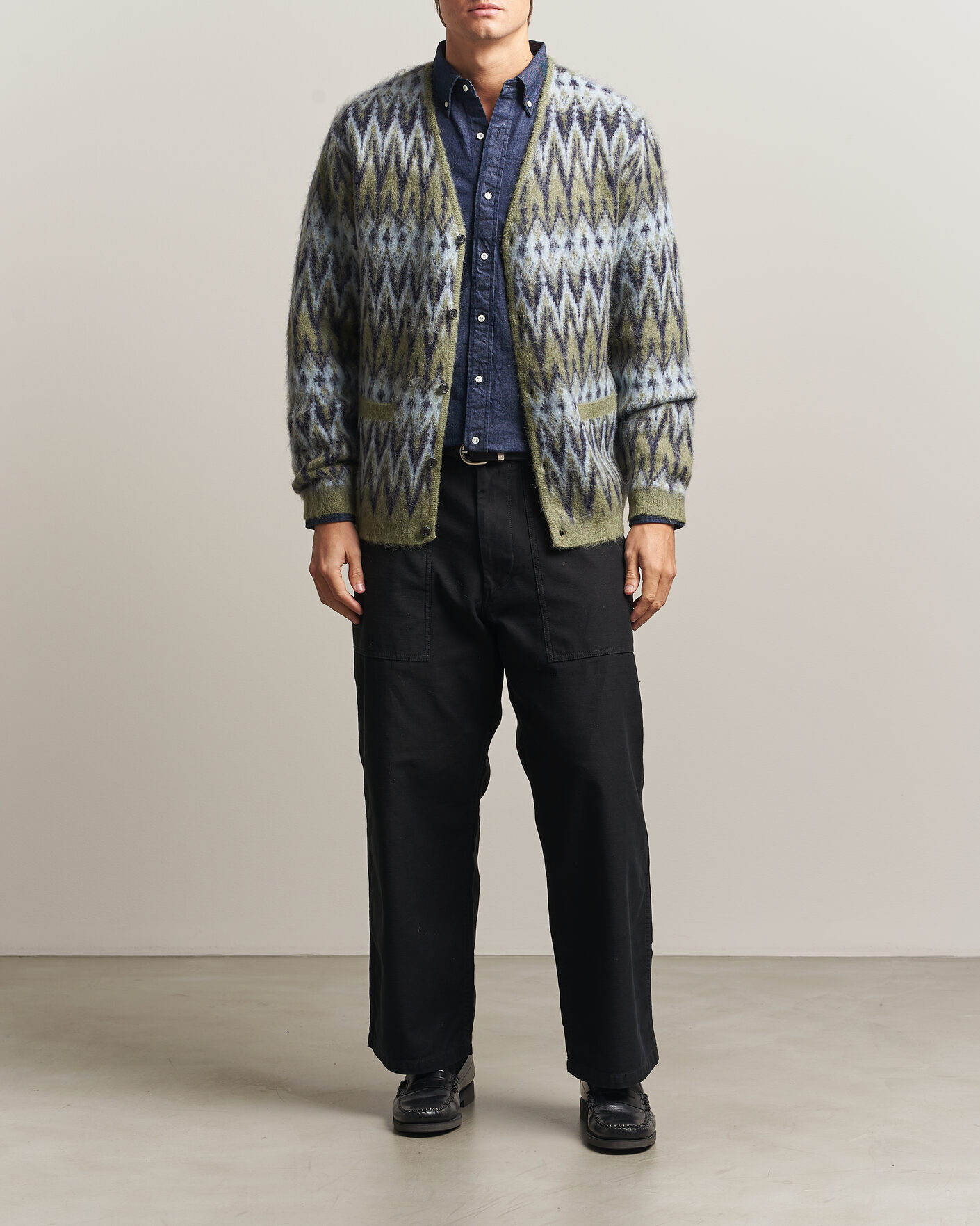 Heren | Truien | BEAMS PLUS | Chevron Jacquard Cardigan Green/Grey
