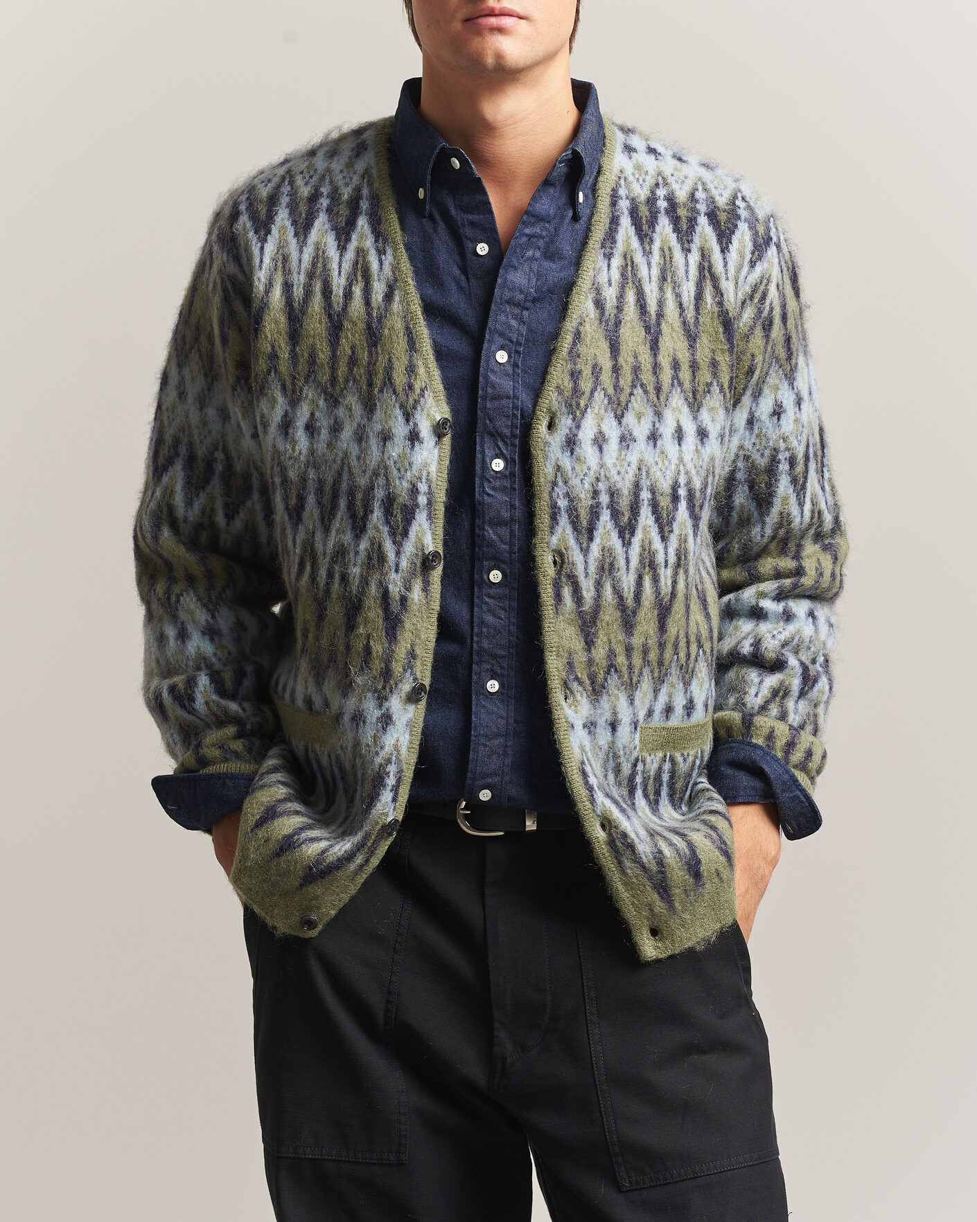 Heren | Truien | BEAMS PLUS | Chevron Jacquard Cardigan Green/Grey