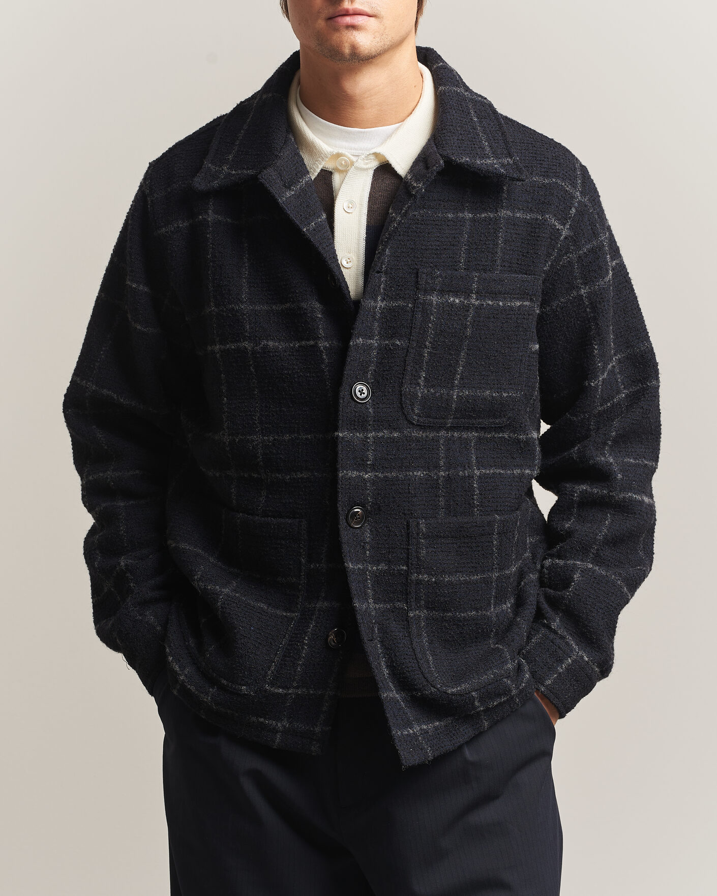 Heren | Overhemden | A Day's March | Algot Wool Checked Overshirt Navy