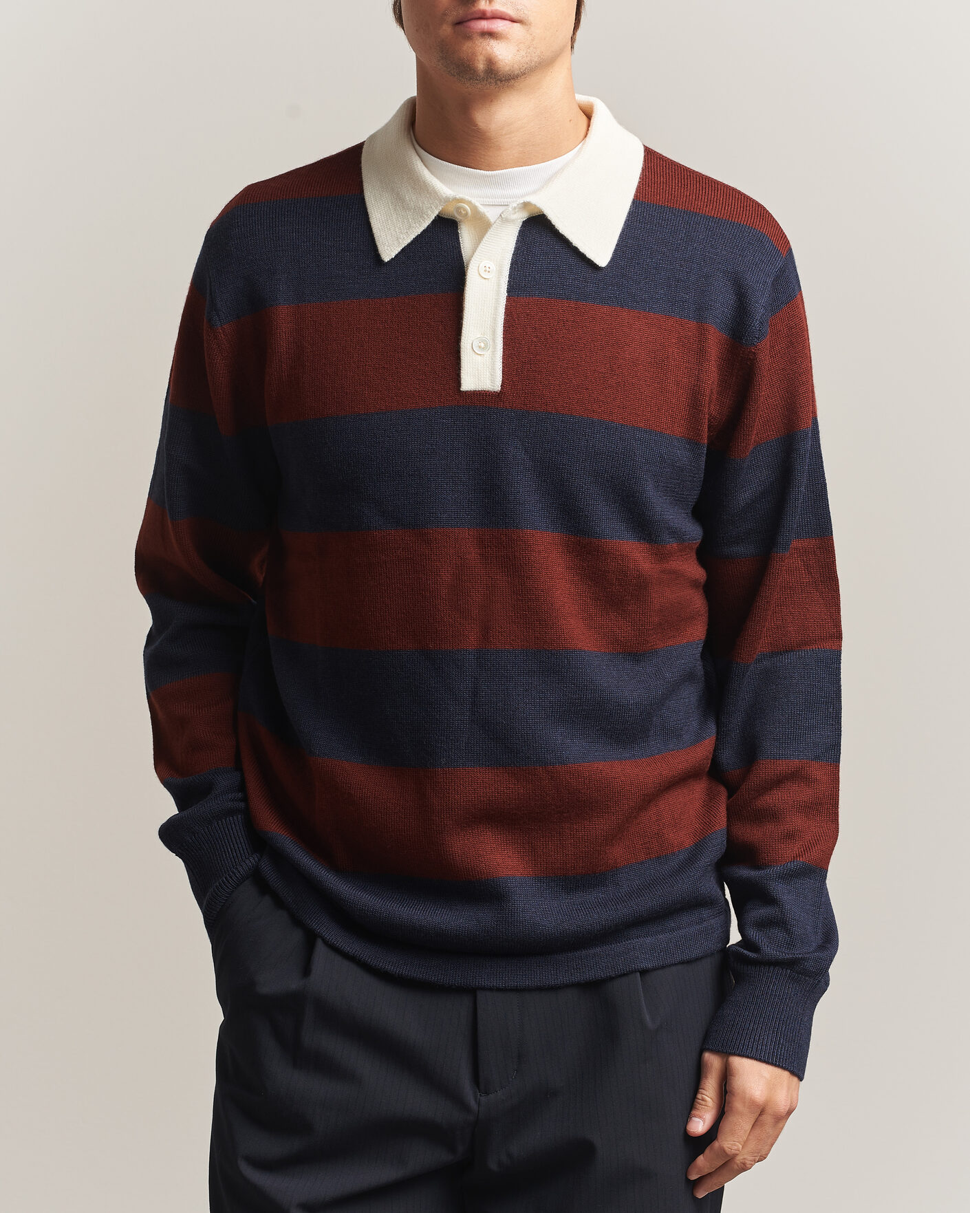 Heren | Truien | A Day's March | Kenny Striped Merino Rugby Sweater Rust/Navy