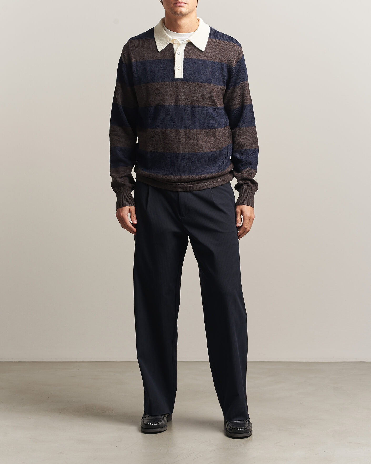 Heren | Truien | A Day's March | Kenny Striped Merino Rugby Sweater Brown/Navy