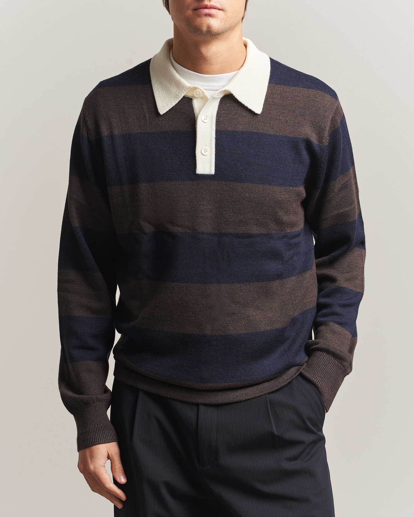 Heren | Truien | A Day's March | Kenny Striped Merino Rugby Sweater Brown/Navy