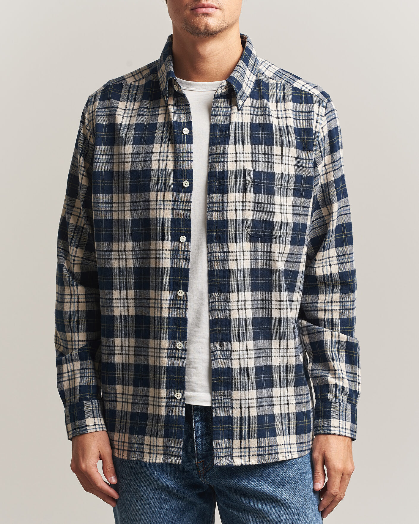 Heren | Overhemden | A Day's March | Classic Checked Flannel Shirt Navy/White