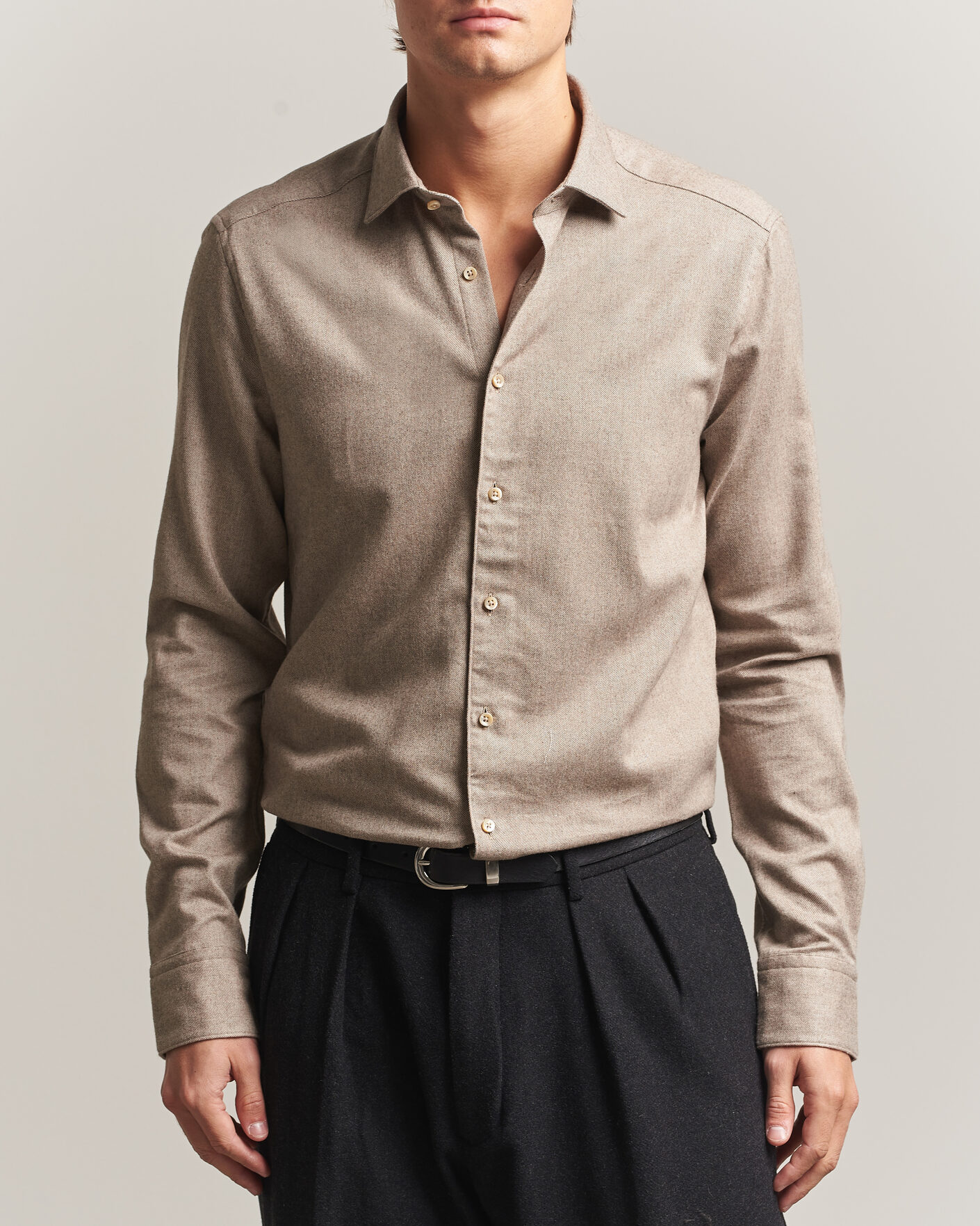 Heren | Overhemden | Stenströms | Slimline Flannel Shirt Light Brown