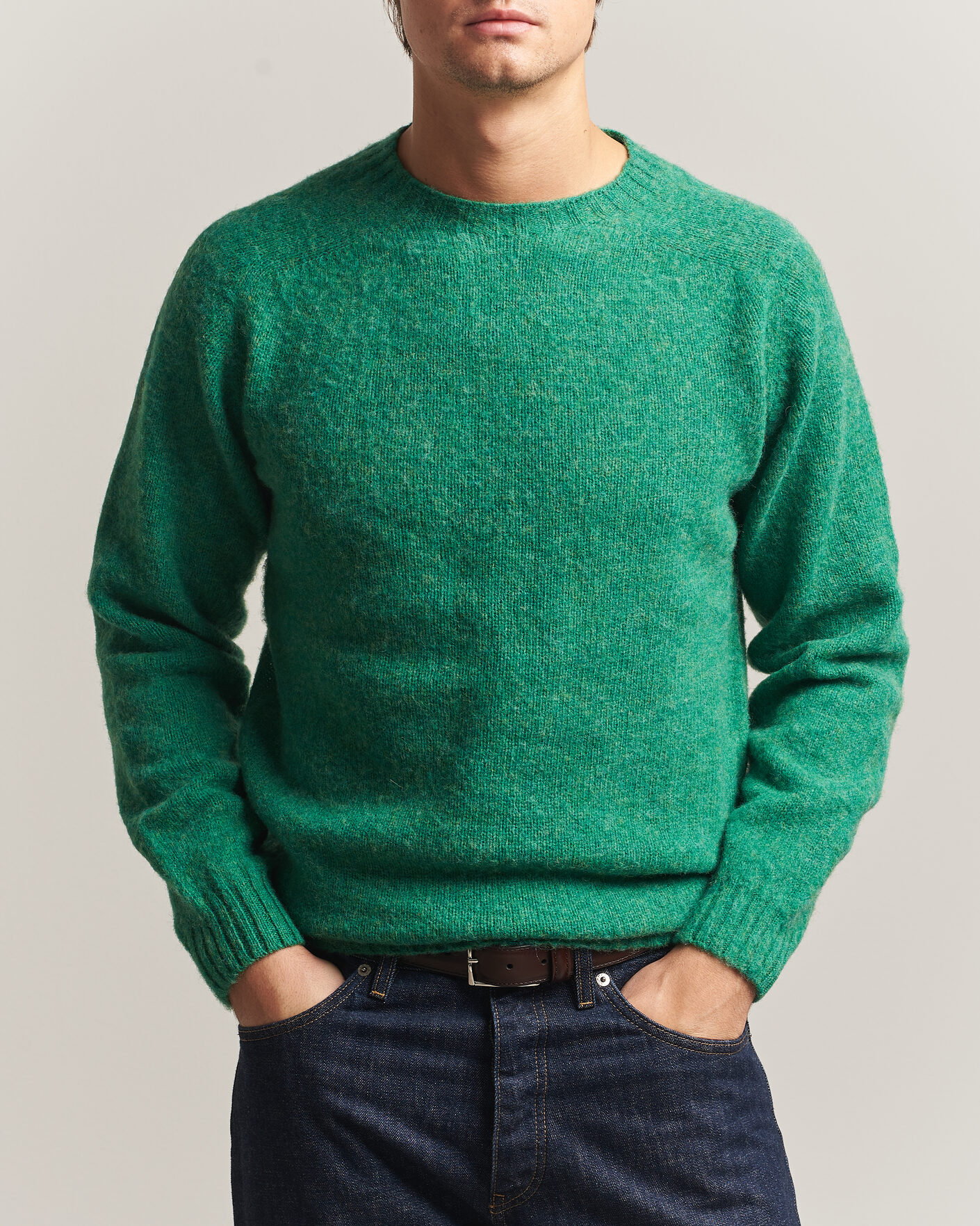 Heren | Truien | Harley Of Scotland | Brushed Supersoft Lambswool Crewneck Evergreen