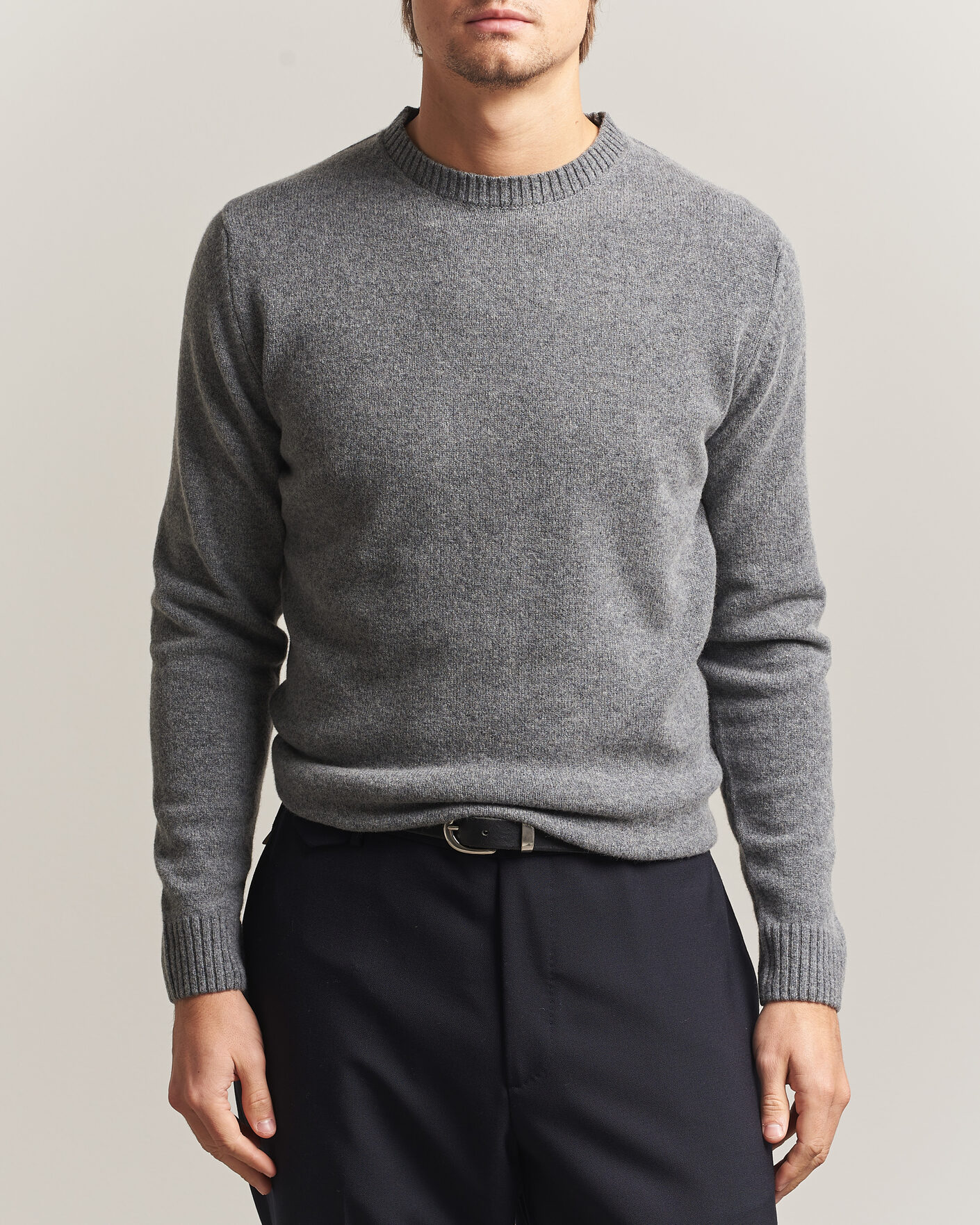 Heren | Truien | Stenströms | Knitted Lambswool Crew Neck Mid Grey Melange