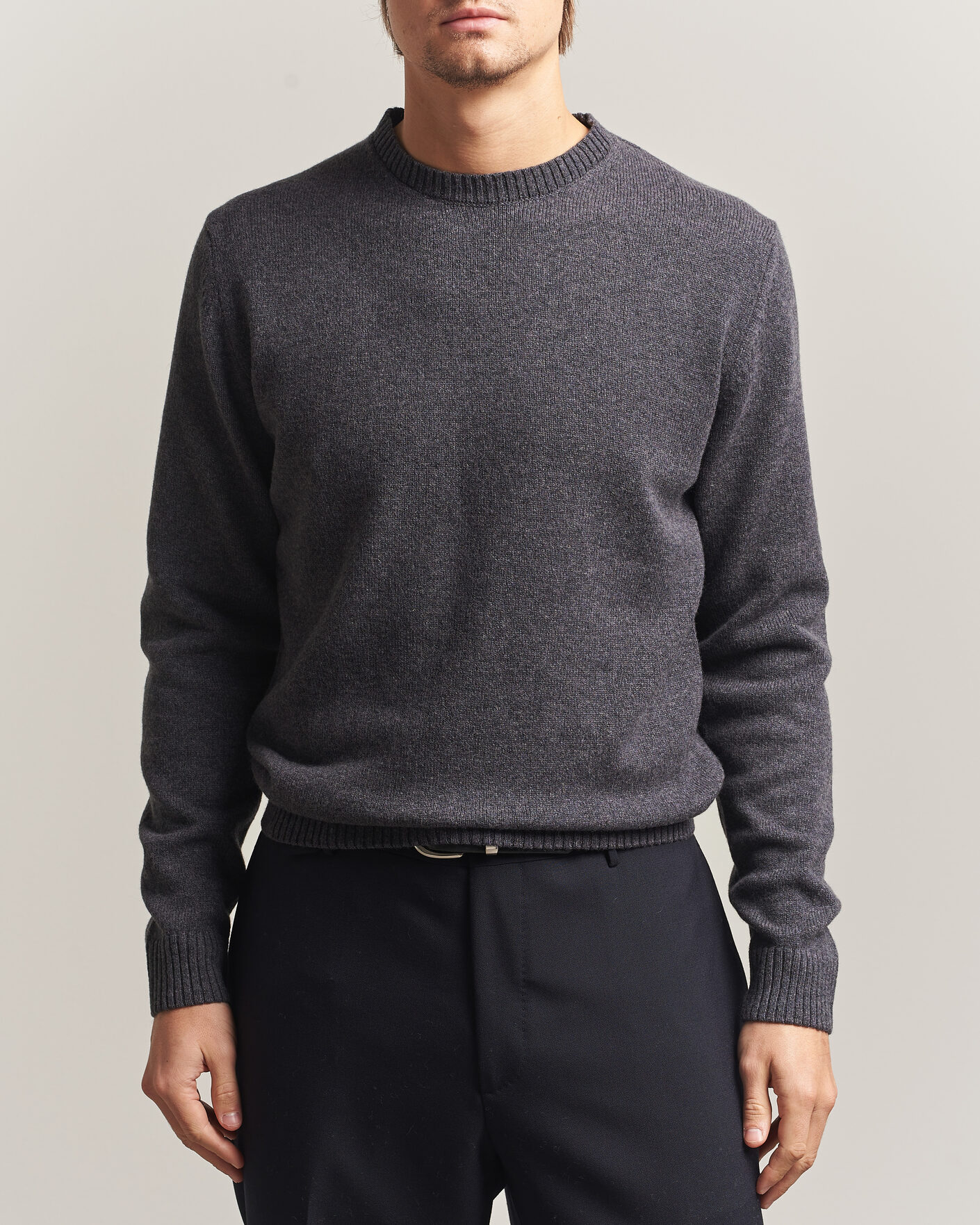 Heren | Truien | Stenströms | Knitted Lambswool Crew Neck Dark Grey Melange