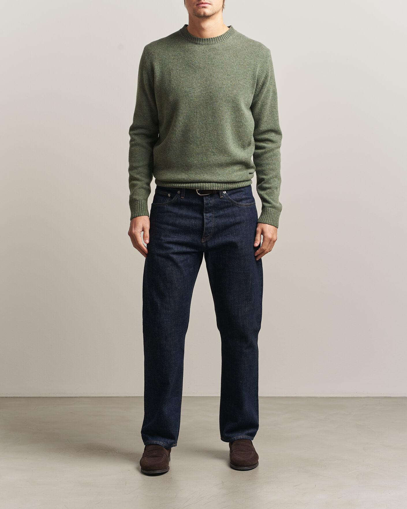 Heren | Truien | Stenströms | Knitted Lambswool Crew Neck Light Army Green Melange