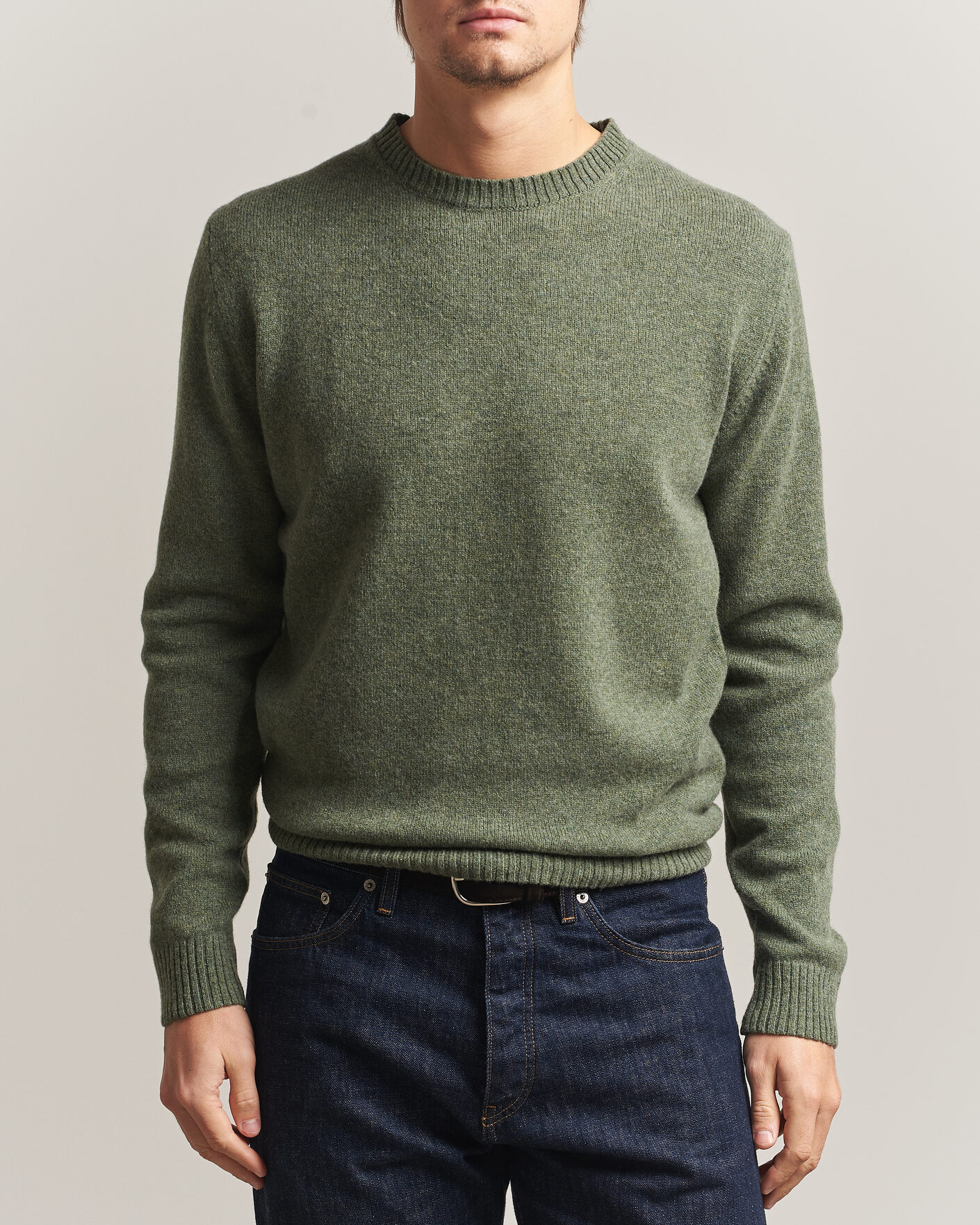 Heren | Truien | Stenströms | Knitted Lambswool Crew Neck Light Army Green Melange