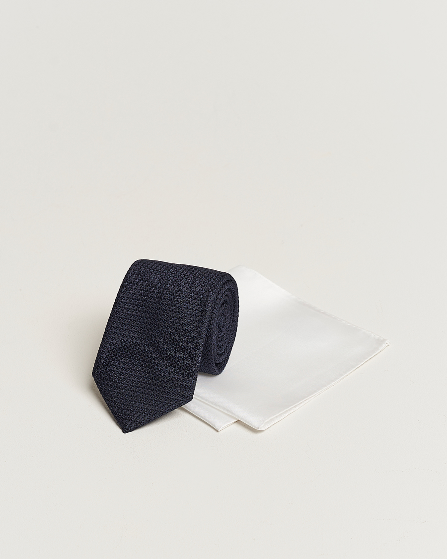 Heren | Stropdassen | Amanda Christensen | Set Tie Navy & Handkercheif White