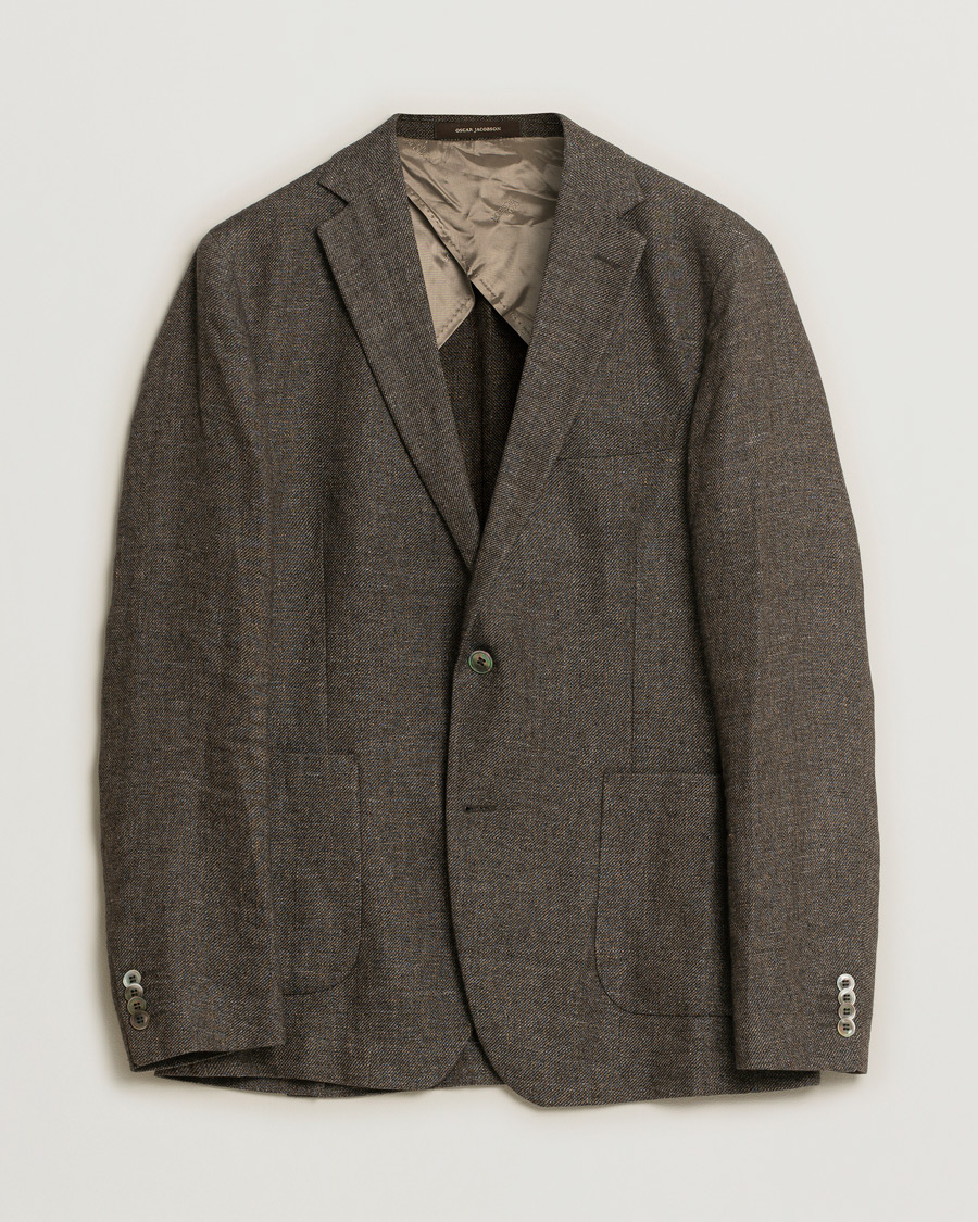 Heren | Oscar Jacobson Einar Linen/Wool Patch Pocket Blazer Brown 52 | Pre-owned | Oscar Jacobson Einar Linen/Wool Patch Pocket Blazer Brown 52