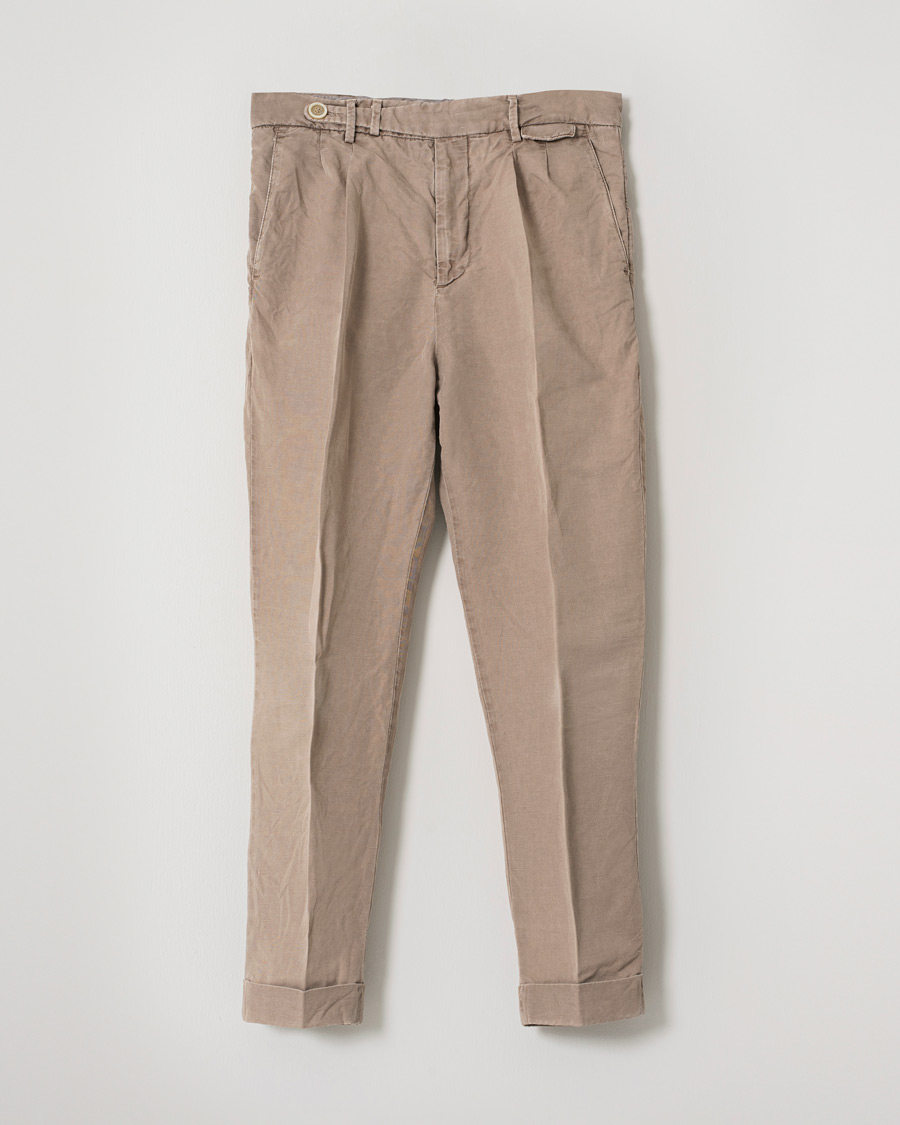 Heren | Brunello Cucinelli Slim Fit Cotton/linen Pleated Trousers Brown | Pre-owned | Brunello Cucinelli Slim Fit Cotton/linen Pleated Trousers Brown