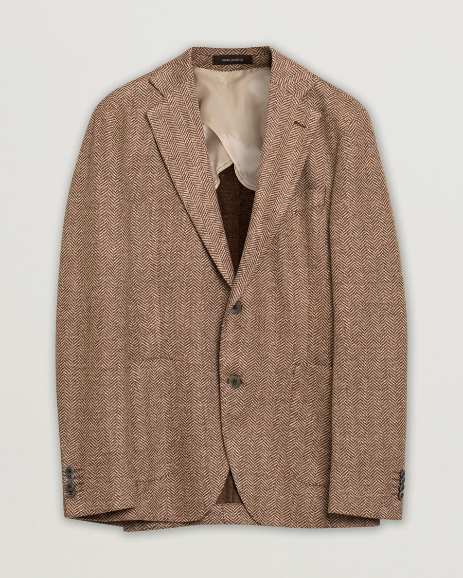 Heren | Blazers | Pre-owned | Oscar Jacobson Egel Patch Herringbone Linen Blazer Brown