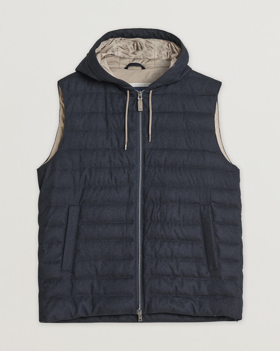 Heren | Pre-owned Jassen | Pre-owned | Herno Hooded Flannel Cashmere & Silk Vest Navy 52